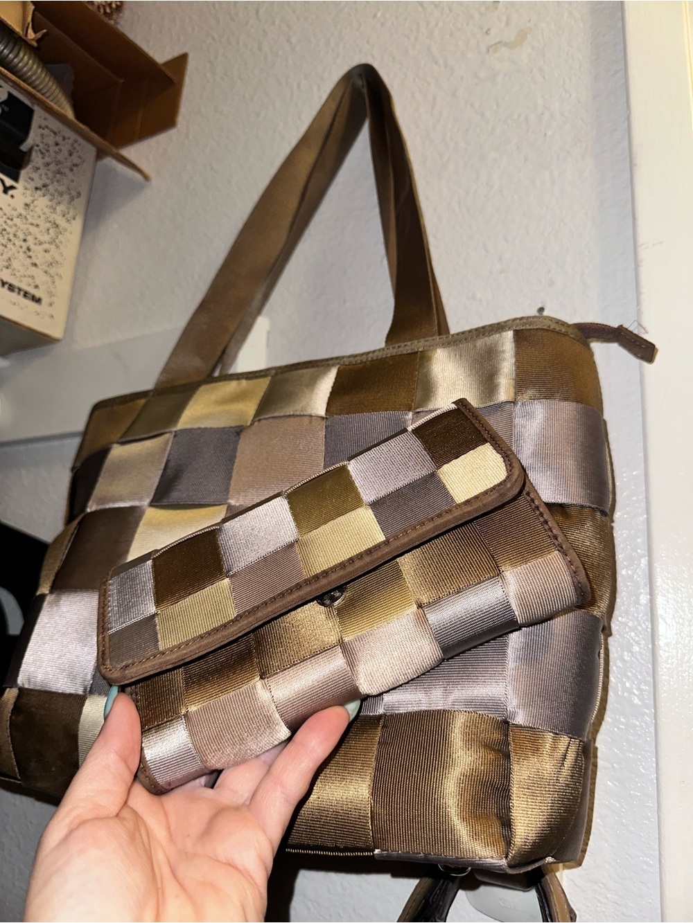 Woven Seatbelt like Tote purse Satin in side and Wallet Set in Tan and Grey
